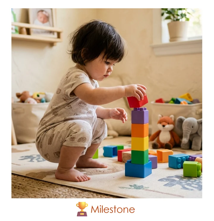 Polaroid of a toddler stacking blocks, captioned Milestone