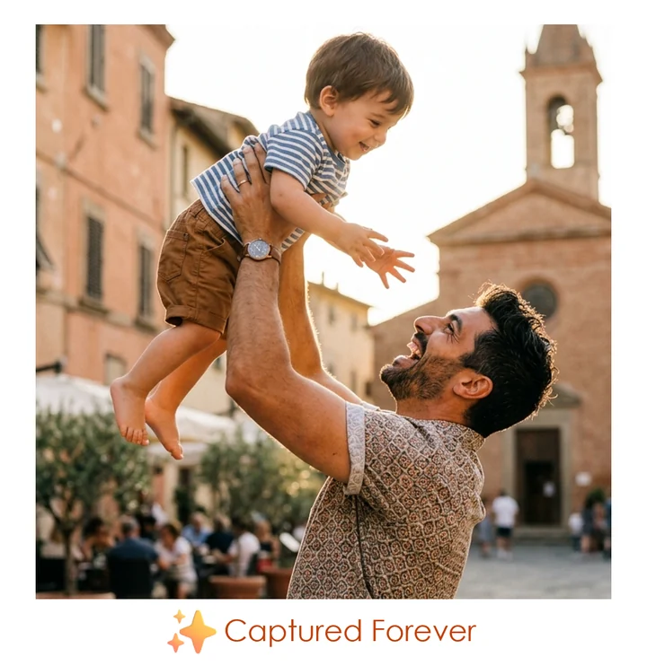 Polaroid of a father lifting his son in the air, captioned Captured Forever
